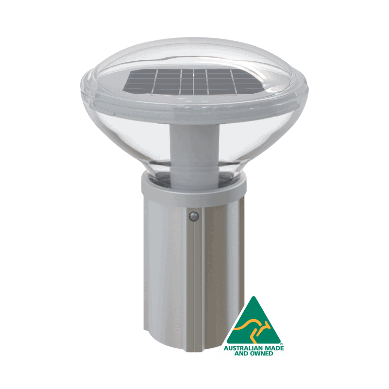 A Solar Bollard light with an Australian Made and Owned logo on it.